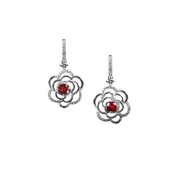 【Bella Couture Jewelry】0.32克拉/0.32克拉 緬甸天然紅寶 山茶花 18K金天然鑽石耳環《附證書》