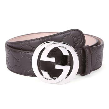 【GUCCI】經典雙G壓紋皮帶 深咖啡色 銀色扣頭 85CM - 411924 CWC1N 2140