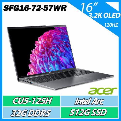 ACER 宏碁 Swift GO SFG16-72-57WR 灰(CU5-125H/32G/512G/3.2K OLED/16吋)羽薄機