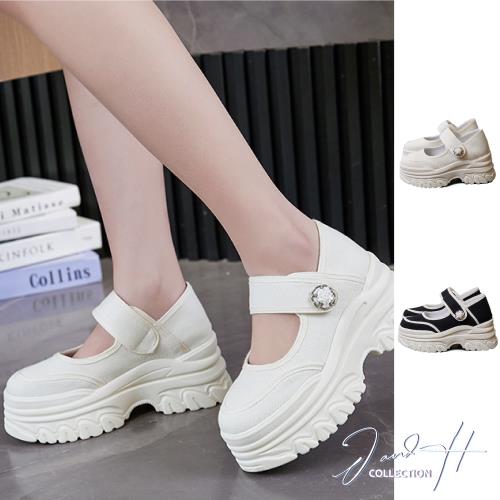 【J&H collection】法式帆布增高厚底鞋 瑪莉珍鞋 樂福鞋(黑色 / 米色)