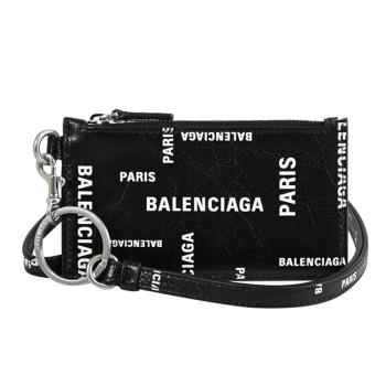 BALENCIAGA 巴黎世家 594548 品牌LOGO羊皮頸掛式卡片零錢包.黑