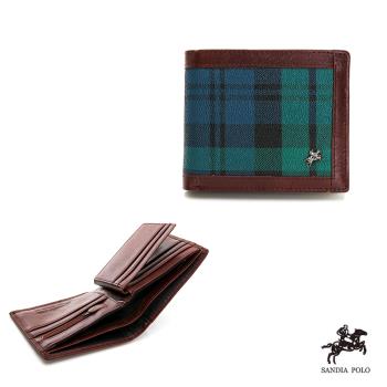 DF BAGSCHOOL - SANDIA POLO經典綠格系列牛皮抽取活動式內卡夾長短拉錬皮夾