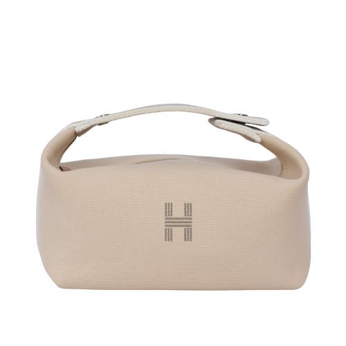 二手商品9.5成新_HERMES H Logo 帆布手提便當包(米色)