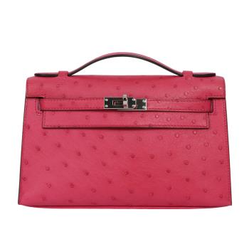 二手商品9.2成新 HERMES 銀釦 鴕鳥皮 Kelly Mini Pochette 迷你一代凱莉包/手提包(粉色)
