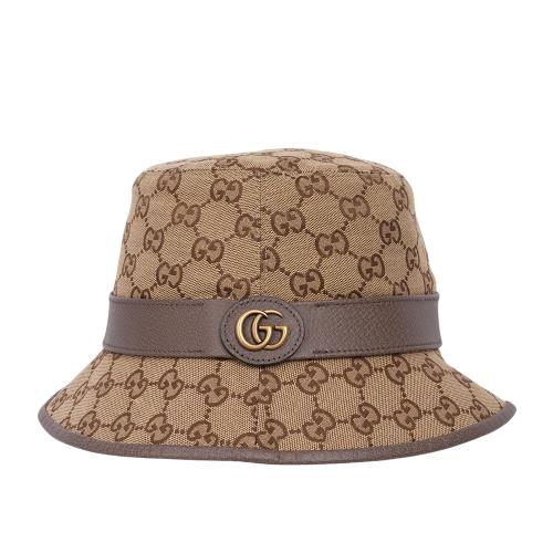 GUCCI GG Logo 帆布及牛皮復古漁夫帽 L號(米色/棕色)