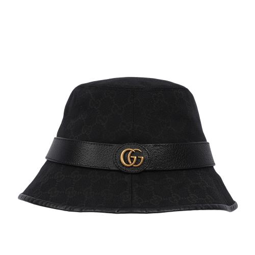 GUCCI GG Logo 帆布及牛皮復古漁夫帽(黑色)