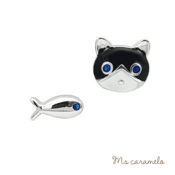 【焦糖小姐 Ms caramelo】925純銀 貓咪小魚不對稱 鋯石耳環