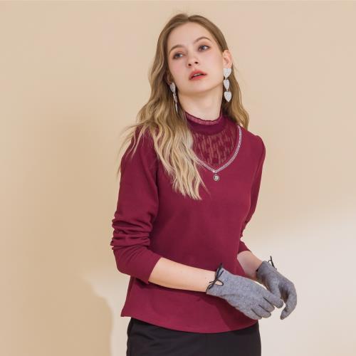 【YUTZUYA 優姿雅】美艷棗紅蕾絲花領輕暖磨毛上衣