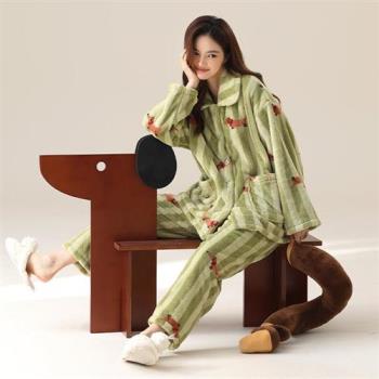 【巴黎精品】睡衣套裝長袖居家服-加絨臘腸狗直條紋情侶男女床閒服2款w1ad76