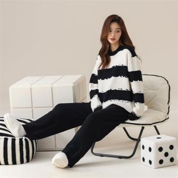 【巴黎精品】睡衣套裝長袖居家服-加厚保暖條紋情侶男女休閒服2款w1ad63