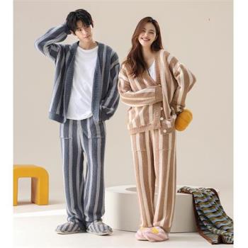 【巴黎精品】睡衣套裝長袖居家服-半邊絨撞色條紋情侶男女休閒服2款w1ad47