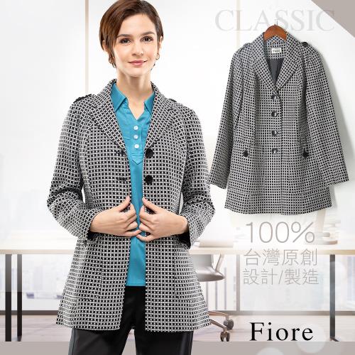 FIORE花蕾時尚日本棉麻黑白格紋外套