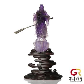 【正佳珠寶】紫水晶 頂級巴西紫晶 武關公雕刻 290g 關聖帝君 紫水晶關公佛像｜手工客製木座