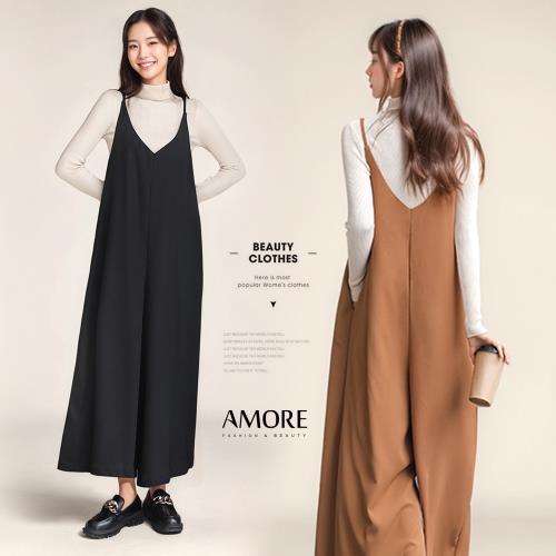 AM艾莫兒 初秋韓系簡約氣質百搭口袋細肩吊帶褲