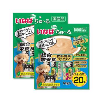 (2袋40入超值組)日本INABA-CIAO汪啾嚕狗糧寵物營養主食肉泥20入/袋-軟骨蔬菜(綠藍袋)(狗飼料流質點心,綠茶消臭,毛孩補水零食)