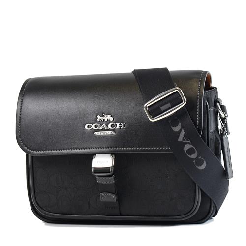 COACH 中性款 緹花LOGO拚小牛皮翻蓋插釦斜背郵差包-黑色/小