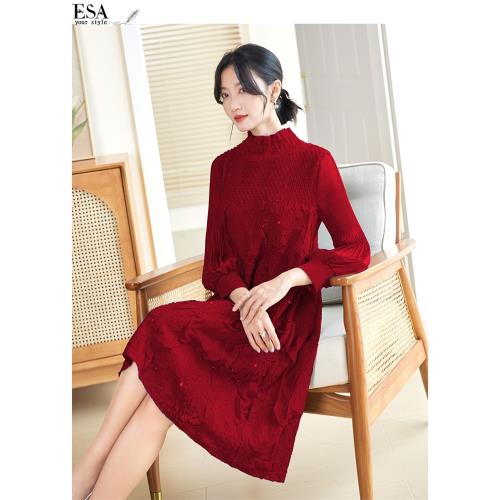 【ESA伊裳】米蘭靚麗名媛喜慶綴珠壓褶洋裝