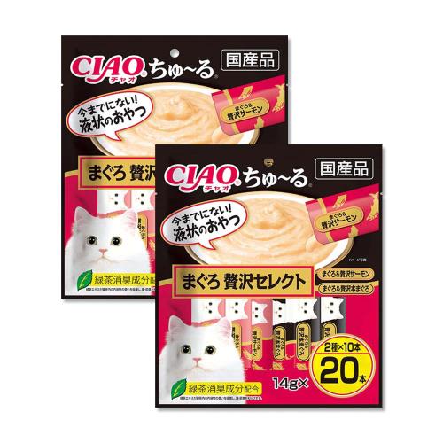 (2袋40入超值組)日本CIAO-啾嚕貓咪營養肉泥幫助消化寵物補水流質點心20入/袋-豪華鮪魚(黑袋)(海鮮鮪魚鰹魚柴魚綠茶消臭液狀零食獨立包裝)