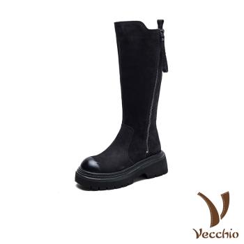 【VECCHIO】真皮復古粗跟厚底騎士靴 長靴/真皮頭層牛皮百搭復古粗跟厚底騎士靴 長靴 女鞋 黑