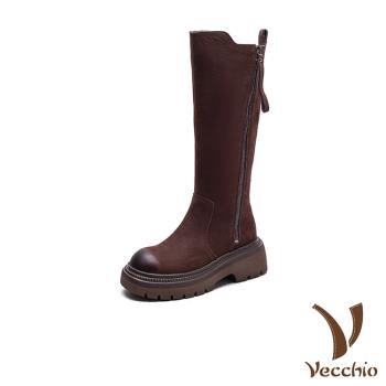 【VECCHIO】真皮復古粗跟厚底騎士靴 長靴/真皮頭層牛皮百搭復古粗跟厚底騎士靴 長靴 女鞋 棕