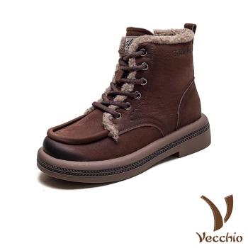 【VECCHIO】真皮復古保暖毛絨高筒休閒鞋/真皮頭層牛皮復古立體滾邊保暖毛絨高筒休閒鞋 女鞋 咖
