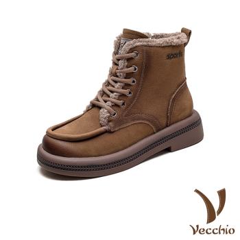 【VECCHIO】真皮復古保暖毛絨高筒休閒鞋/真皮頭層牛皮復古立體滾邊保暖毛絨高筒休閒鞋 女鞋 卡其