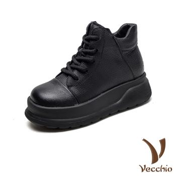 【VECCHIO】真皮厚底舒適繫帶側拉鍊休閒鞋/真皮頭層牛皮個性厚底舒適繫帶側拉鍊設計休閒鞋 女鞋 黑