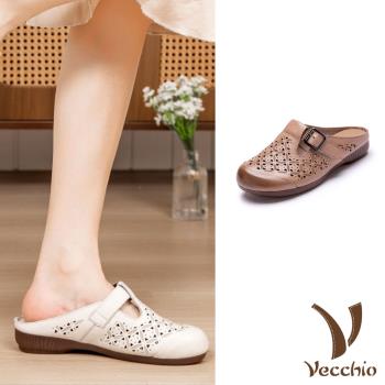 【VECCHIO】真皮刻花皮帶釦飾軟底包頭拖鞋/真皮頭層牛皮古典刻花皮帶釦飾軟底包頭拖鞋 女鞋 2色任選