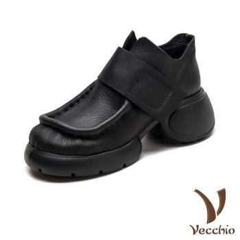 【VECCHIO】全真皮魔鬼粘側拉鍊厚底休閒鞋/全真皮頭層牛皮復古魔鬼粘側拉鍊設計厚底休閒鞋 女鞋 黑