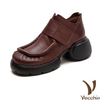 【VECCHIO】全真皮魔鬼粘側拉鍊厚底休閒鞋/全真皮頭層牛皮復古魔鬼粘側拉鍊設計厚底休閒鞋 女鞋 棕