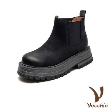 【VECCHIO】真皮復古切爾西短靴/真皮頭層牛皮復古擦色大圓頭切爾西短靴 女鞋 黑