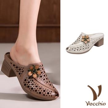 【VECCHIO】真皮幾何花朵魚口露趾粗跟涼鞋/真皮頭層牛皮幾何縷空立體花朵魚口露趾粗跟涼鞋 女鞋 2色任選