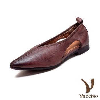 【VECCHIO】全真皮復古尖頭挖空低跟鞋/全真皮頭層牛皮復古尖頭挖空低跟鞋 女鞋 咖