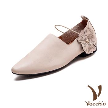【VECCHIO】全真皮花朵線繩繫帶低跟樂福鞋/全真皮頭層牛皮深口花朵線繩繫帶低跟便鞋 樂福鞋 女鞋 杏