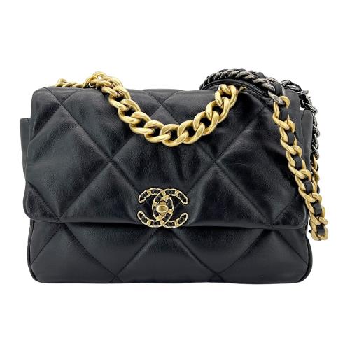 Chanel 展示品 19 菱格羊皮雙色鍊帶手提/肩背包-30cm(AS1161-黑)