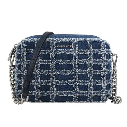MICHAEL KORS JET SET 小香風毛邊格紋斜背包.牛仔藍