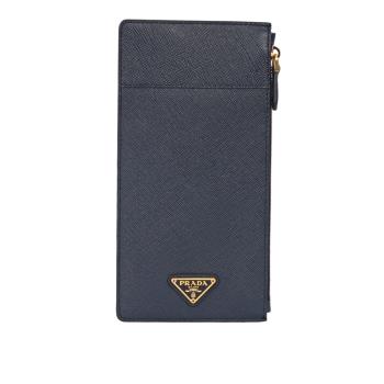 PRADA 金色三角牌Logo 防刮皮革拉鍊手拿包/收納袋(藍色)