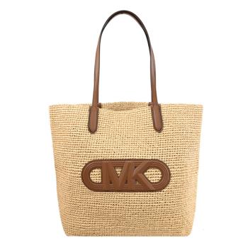 MICHAEL KORS ELIZA 質感浮雕LOGO肩背草編托特包.咖邊