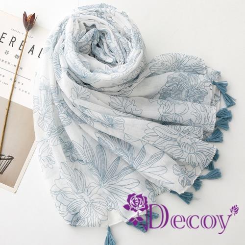 【Decoy】民族風*青花瓷風采流蘇披肩圍巾/藍色