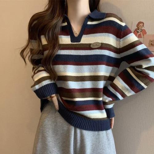 【ALLK 歐楷】新品 polo領條紋針織衫上衣 藏藍色(尺寸F/中大尺碼/輕量/保暖)