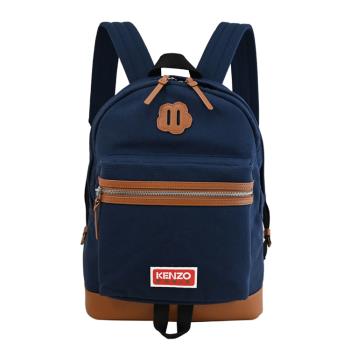 KENZO 5SA113 品牌LOGO帆布休閒雙肩大後揹包.深藍/咖