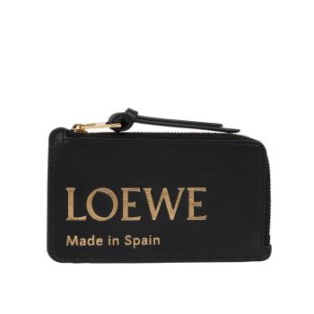 LOEWE 金色Logo 燙印小牛皮拉鍊零錢包/卡夾包(黑色)