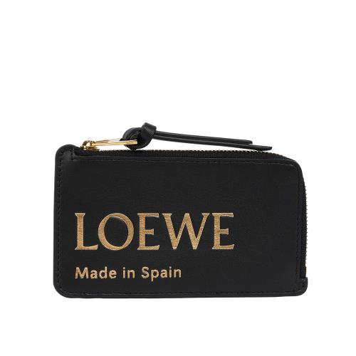 LOEWE 金色Logo 燙印小牛皮拉鍊零錢包/卡夾包(黑色)