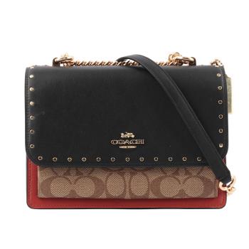 COACH 拚色+蛇壓紋皮革鉚釘鏈帶斜揹包(卡其/黑/磚紅色) 90400 IME7V