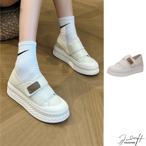 【J&H collection】新款輕便魔鬼氈兩穿內增高厚底懶人鞋 休閒鞋 小白鞋(米色)