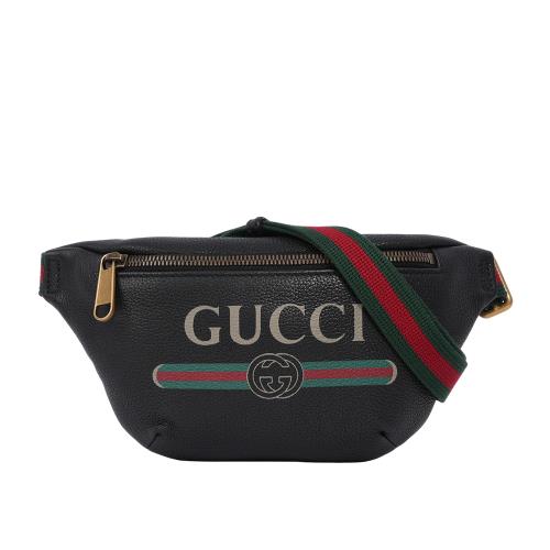 二手商品9.8成新_GUCCI 小牛皮 LOGO Print 紅綠織帶腰包(小)(黑色)