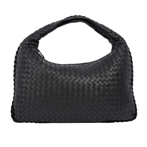 二手商品8成新_BOTTEGA VENETA 經典小羊皮編織彎月肩背包(黑色)