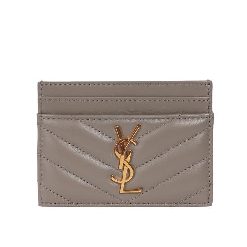 YSL 山形紋小羊皮金字Logo 卡片夾/名片夾(灰棕色)