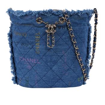二手商品9.7成新 CHANEL 淡金色CC Logo 塗鴉單寧布水桶包(牛仔藍)