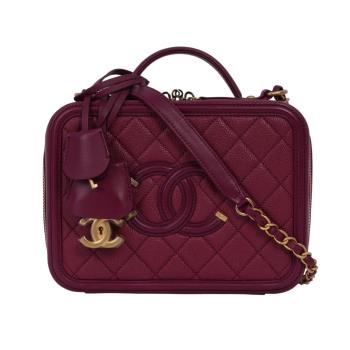 二手商品9.5成新 CHANEL Vanity Case 牛皮手提/肩背中型二用化妝箱(酒紅色)
